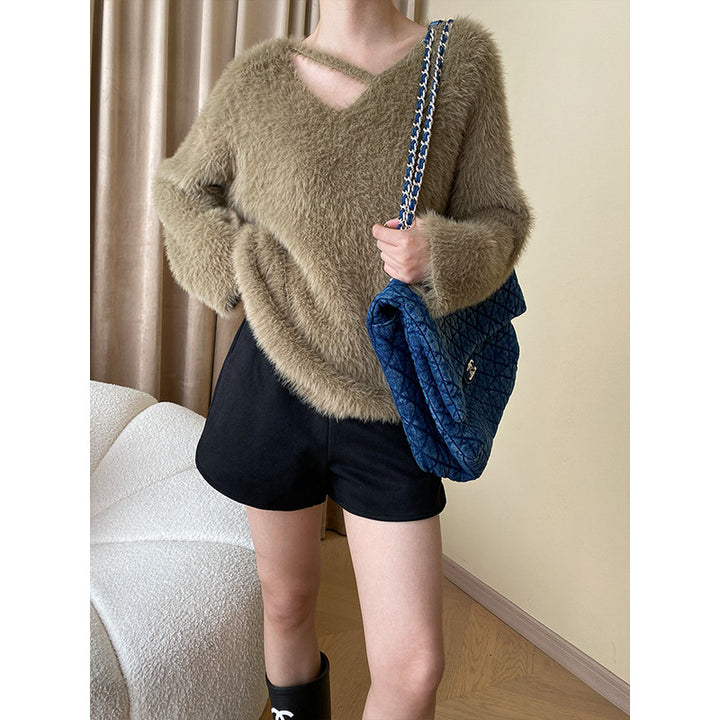 Damen kuscheliger V-Ausschnitt Pullover mit raffinierten Details und weichem Material Drune