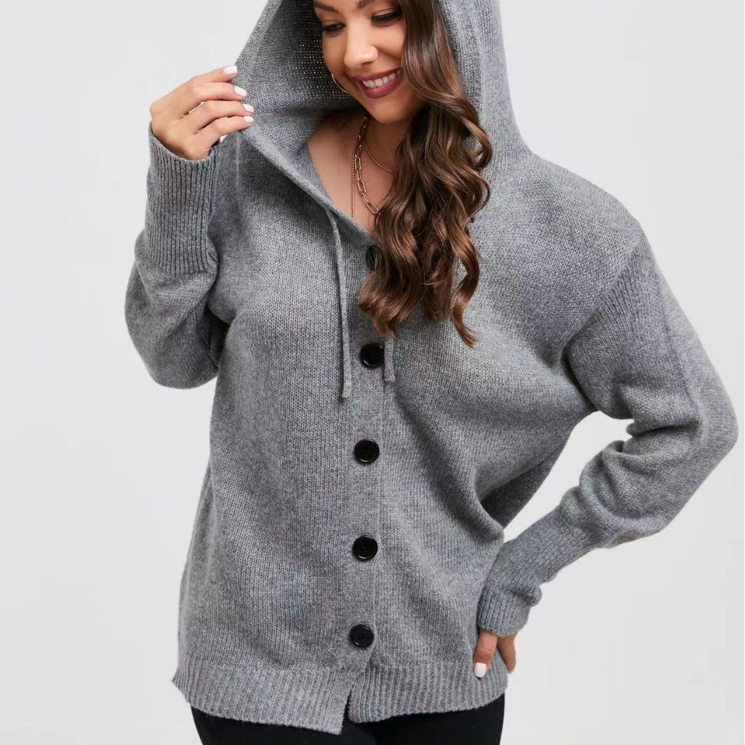 Damen Kuschelige Kapuzenjacke mit großen Knöpfen und lässigem Schnitt Drune