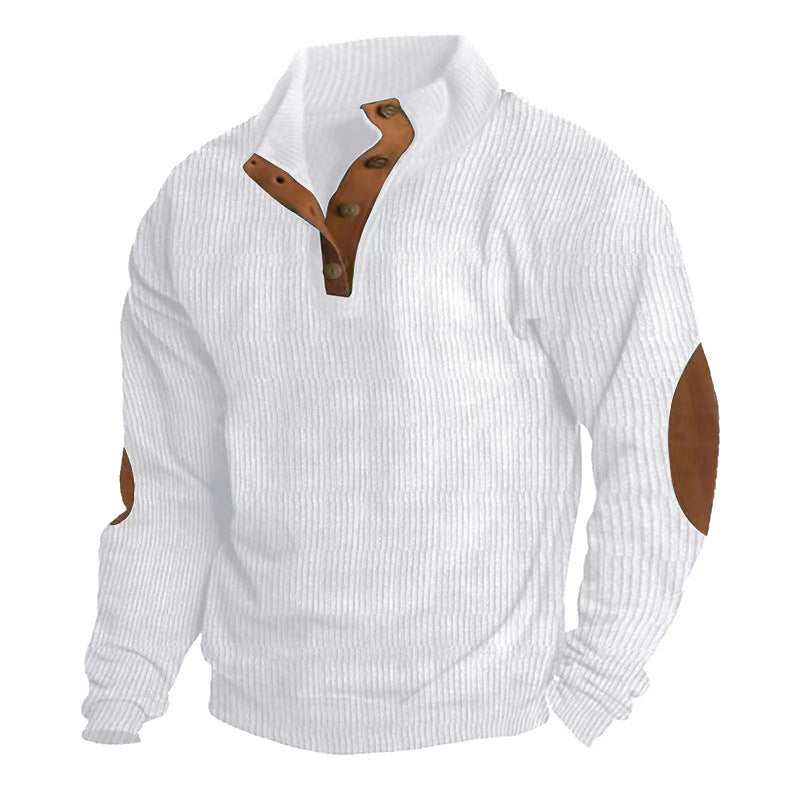 Herren nan rustikaler gerippter Pullover mit Henley-Kragen und lederartigen Ellbogenbesätzen Drune