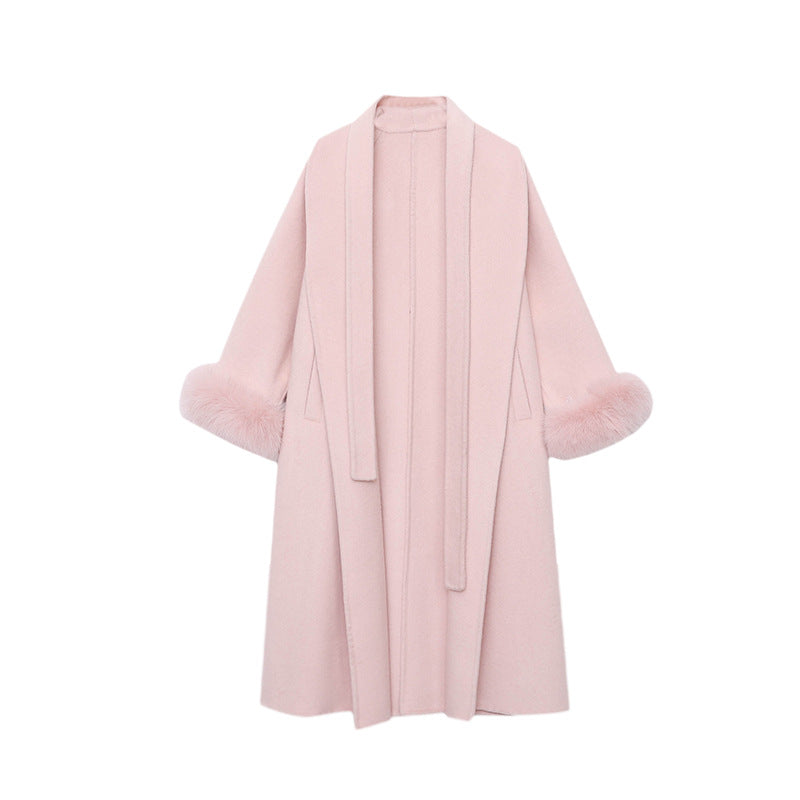 Damen eleganter Langmantel mit samtigen Abschlüssen und großzügigem Schnitt Drune
