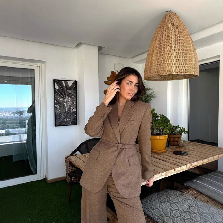 Damen taillierter Blazer mit Gürtel und eleganter Struktur Drune