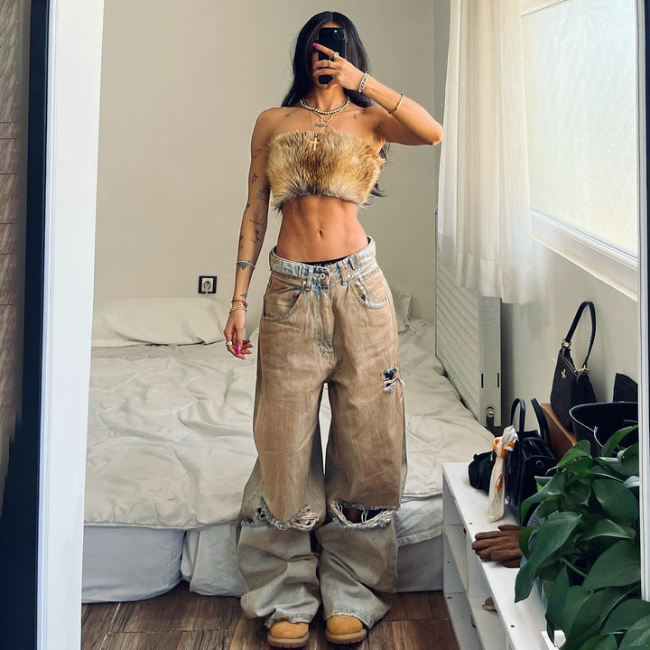Damen Baggy Jeans mit ausgefranstem Saum und used Look Drune