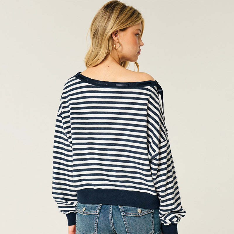 Damen Oversize-Sweatshirt im Marinelook mit Off-Shoulder, Knopfleiste und Satinschleifen Drune