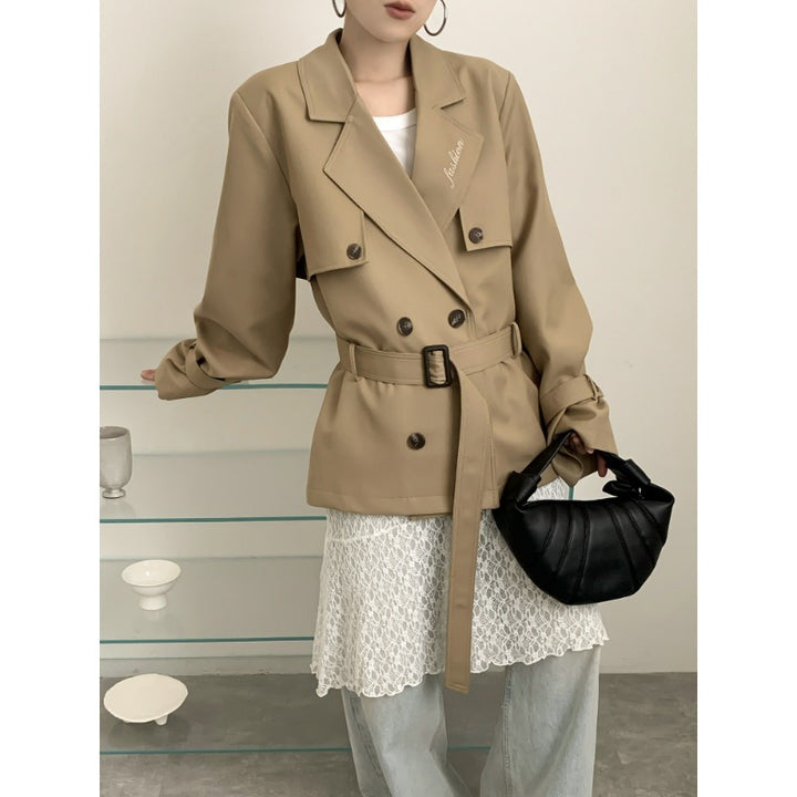 Damen Kurztrenchjacke mit taillierendem Bindegürtel und voluminösen Ballonärmeln Drune
