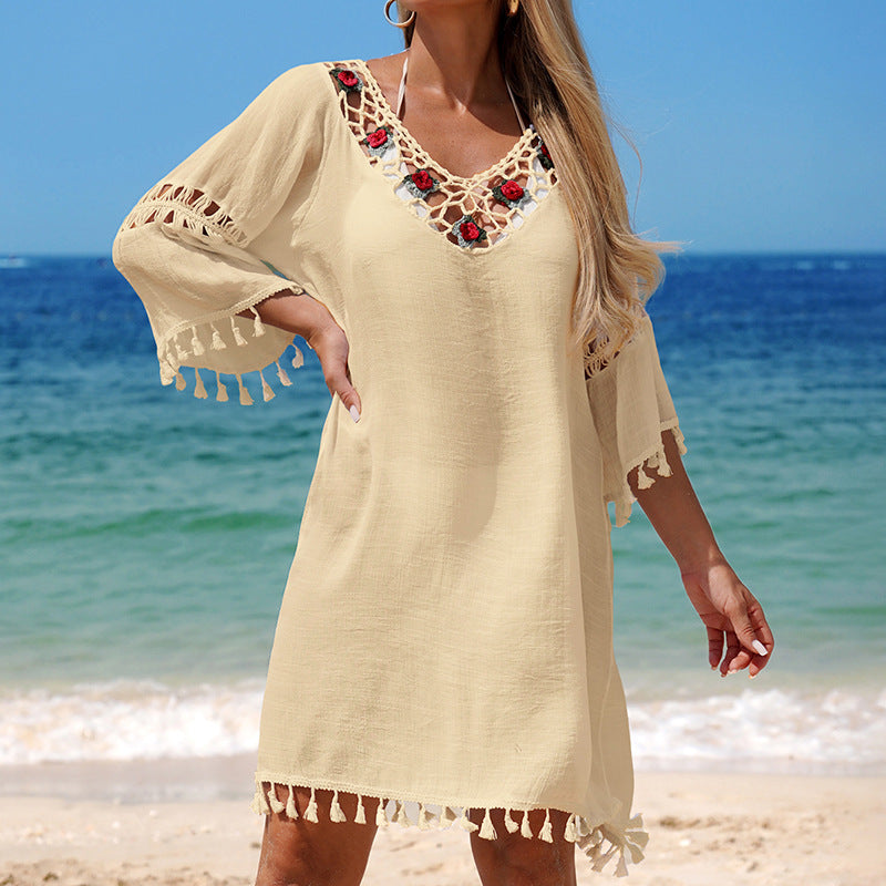 Damen Häkel-Strandkleid mit eleganter Stickerei und Fransen Drune