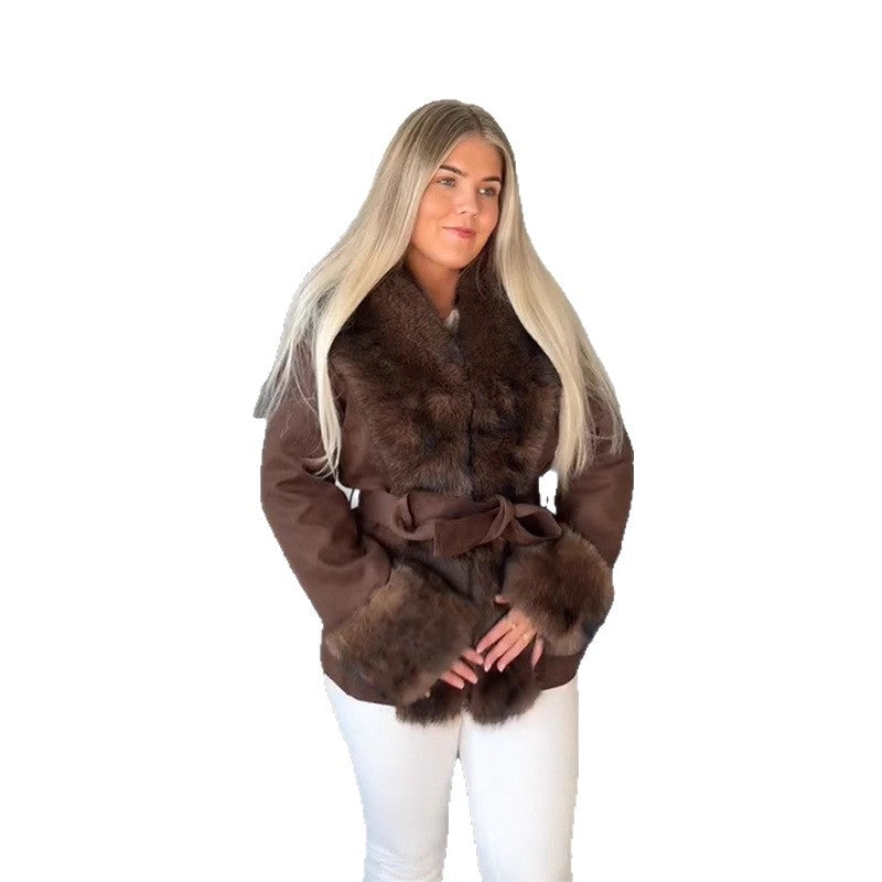 Damen Luxuriöser Kunstfell-Mantel mit Taillengürtel Drune