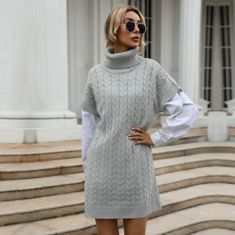 Damen Strickkleid mit Rollkragen, Zopfmuster und ärmelloser Tunika-Silhouette Drune