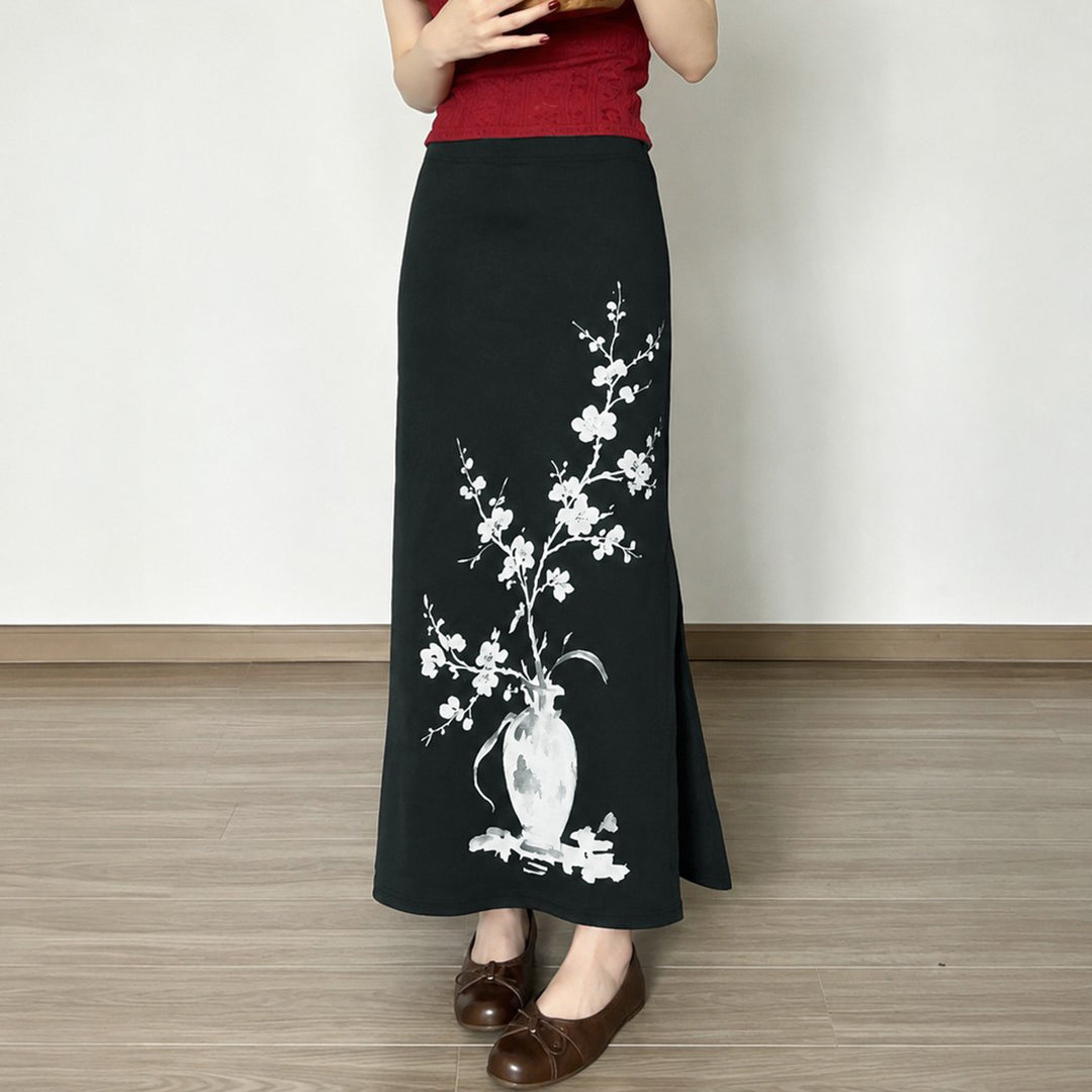 Damen Schlanker Maxirock mit künstlerischem Vase‑Blütenprint und seitlichem Schlitz Drune