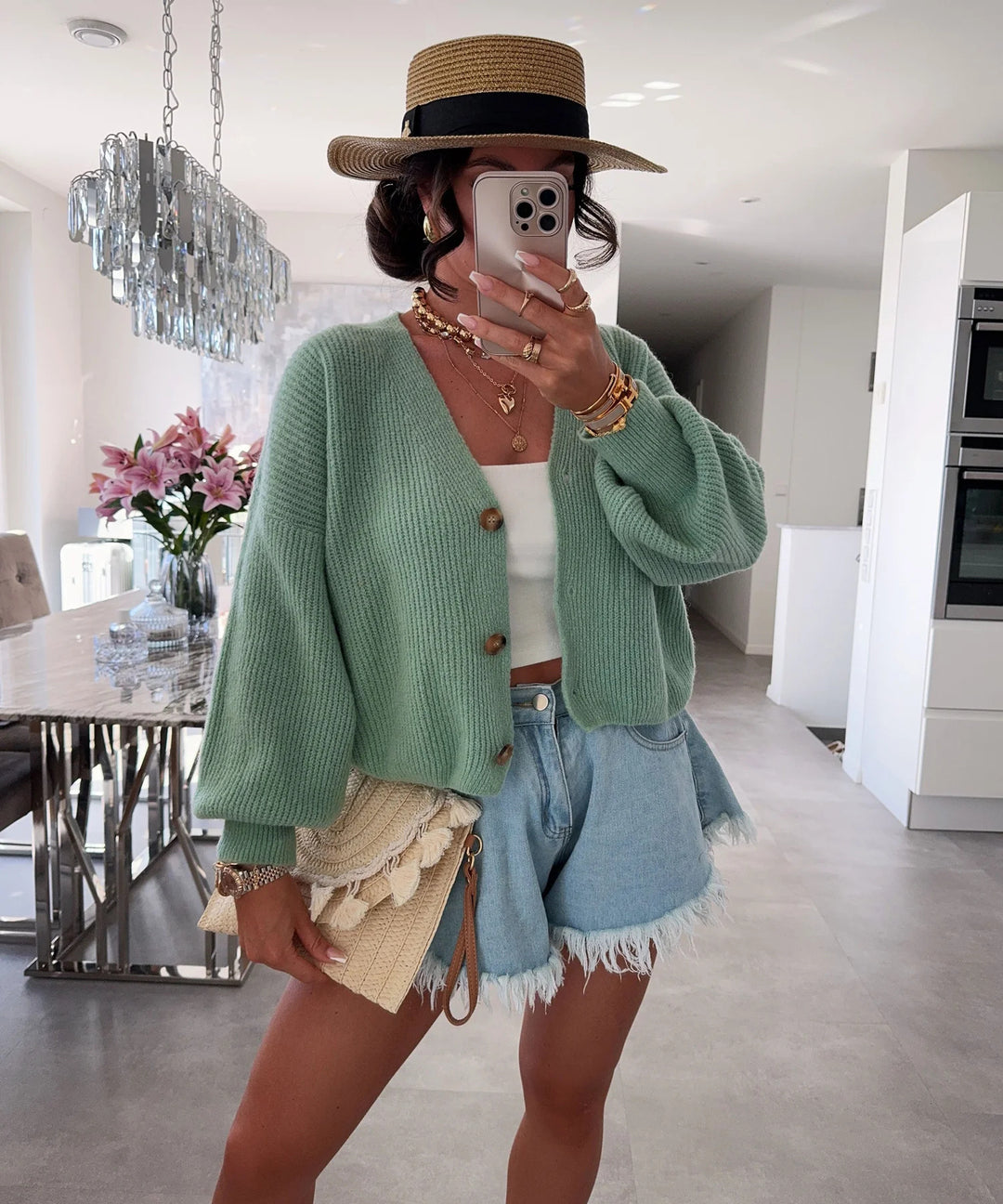 Damen kuschelige Strickjacke mit großen Knöpfen und lockeren Ärmeln Drune