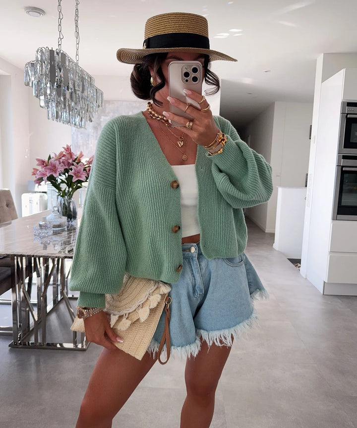 Damen kuschelige Strickjacke mit großen Knöpfen und lockeren Ärmeln Drune