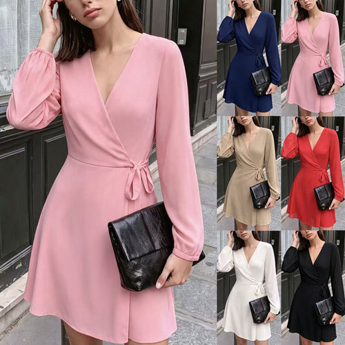 Damen Elegantes Wickel-Minikleid mit tiefem V-Ausschnitt und langen Ärmeln Drune