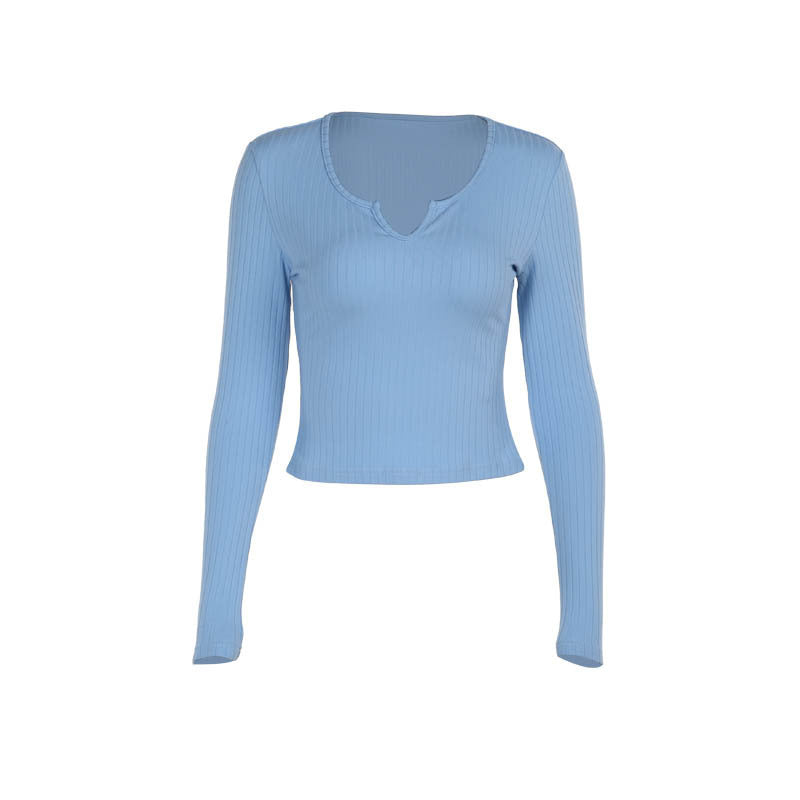 Damen figurbetontes Langarmshirt mit V-Ausschnitt und Rippstruktur Drune