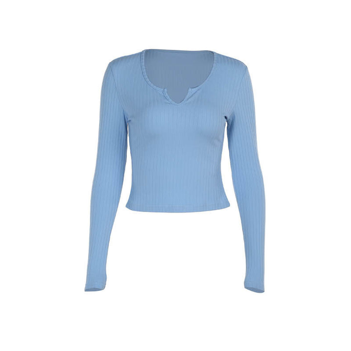Damen figurbetontes Langarmshirt mit V-Ausschnitt und Rippstruktur Drune