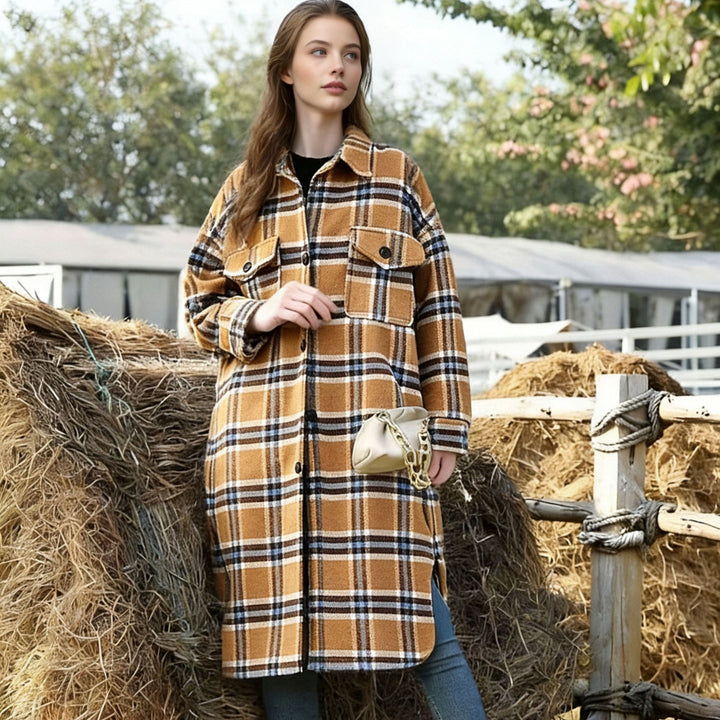 Damen Oversize Karo-Hemdjacke im Longline-Cut mit aufgesetzten Brusttaschen Drune