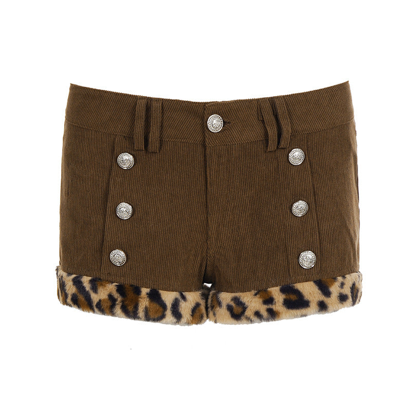 Damen modische Shorts aus Cord mit Kragenfransen und dekorativen Knöpfen Drune