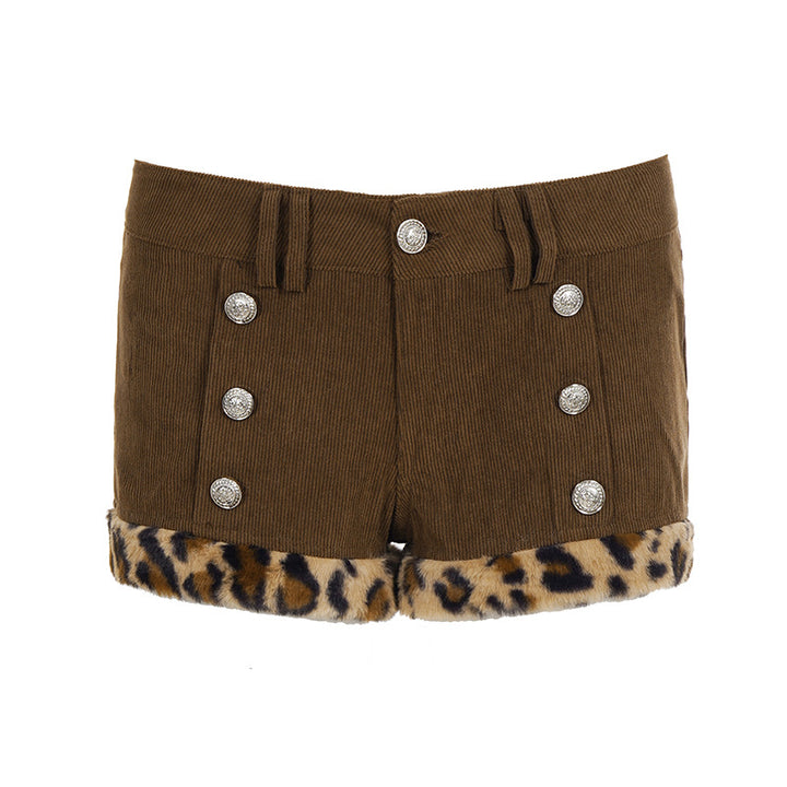 Damen modische Shorts aus Cord mit Kragenfransen und dekorativen Knöpfen Drune