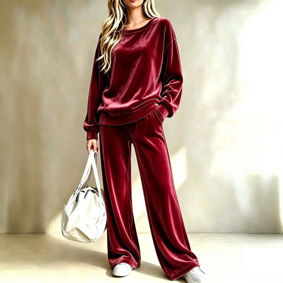 Damen Weiches Velours-Loungewear-Set mit weitem Bein und Rundhalsausschnitt Drune