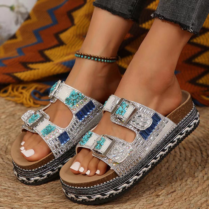 Damen bequeme Sandalen mit dekorativen Steinen und breiten Riemen Drune