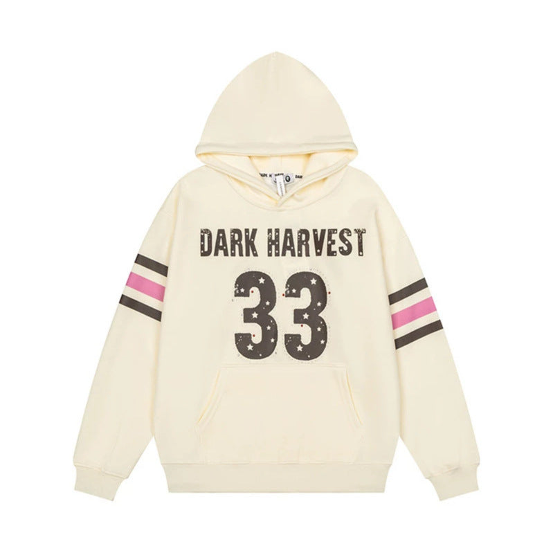 Damen Oversize-Kapuzenpullover mit Vintage‑Nummernprint, Nietenbesatz und Kontraststreifen an den Ärmeln Drune