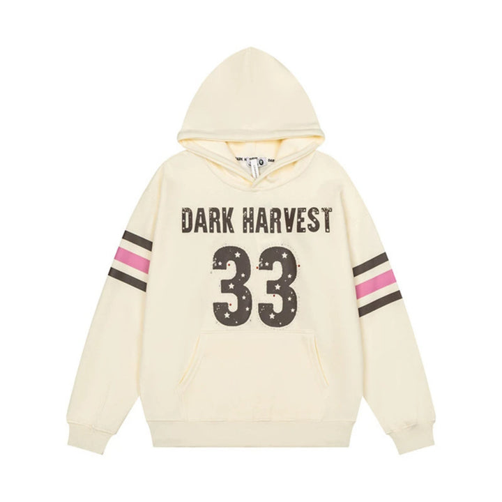 Damen Oversize-Kapuzenpullover mit Vintage‑Nummernprint, Nietenbesatz und Kontraststreifen an den Ärmeln Drune