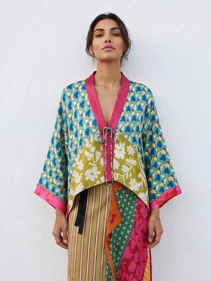 Damen Patchwork-Kimono-Top aus Seidenmix mit tiefem V‑Ausschnitt und Bindegürtel Drune