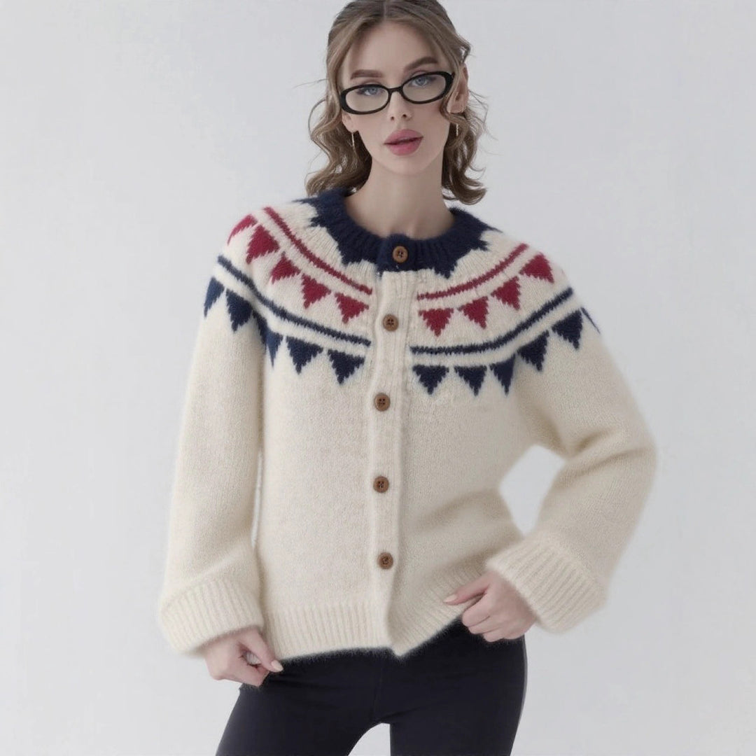 Damen kuscheliger Strickcardigan mit grafischem Norweger-Muster und Holzknopfdetails Drune