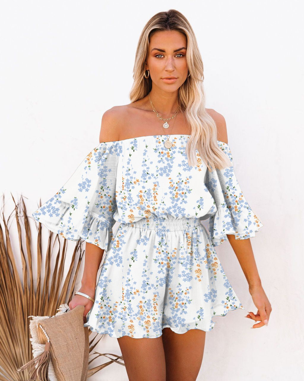 Damen Off-Shoulder Kurzoverall mit voluminösen Ärmeln Drune