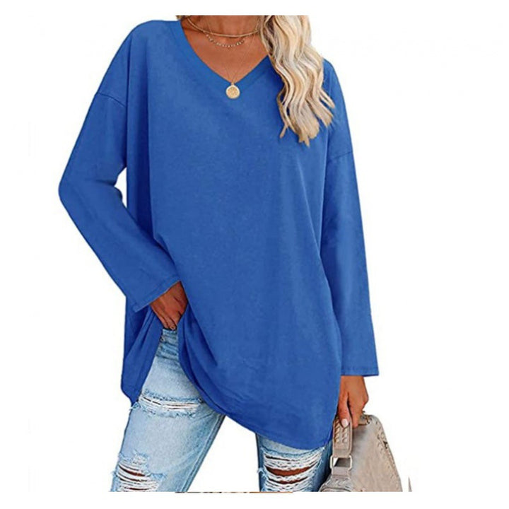 Damen Lässiges V-Ausschnitt Sweatshirt mit langen Ärmeln und asymmetrischem Saum Drune