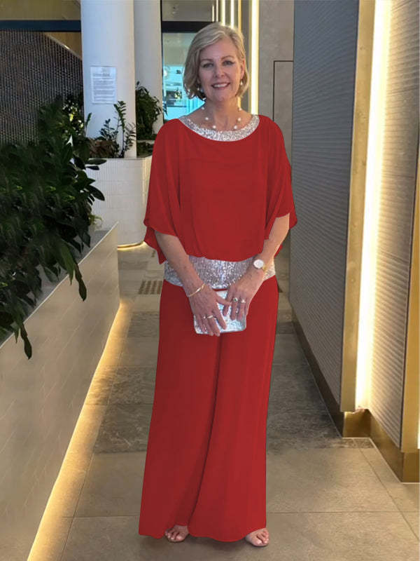 Damen Elegantes Abendzweiteiler mit Chiffon-Cape und Palazzo‑Hose Drune