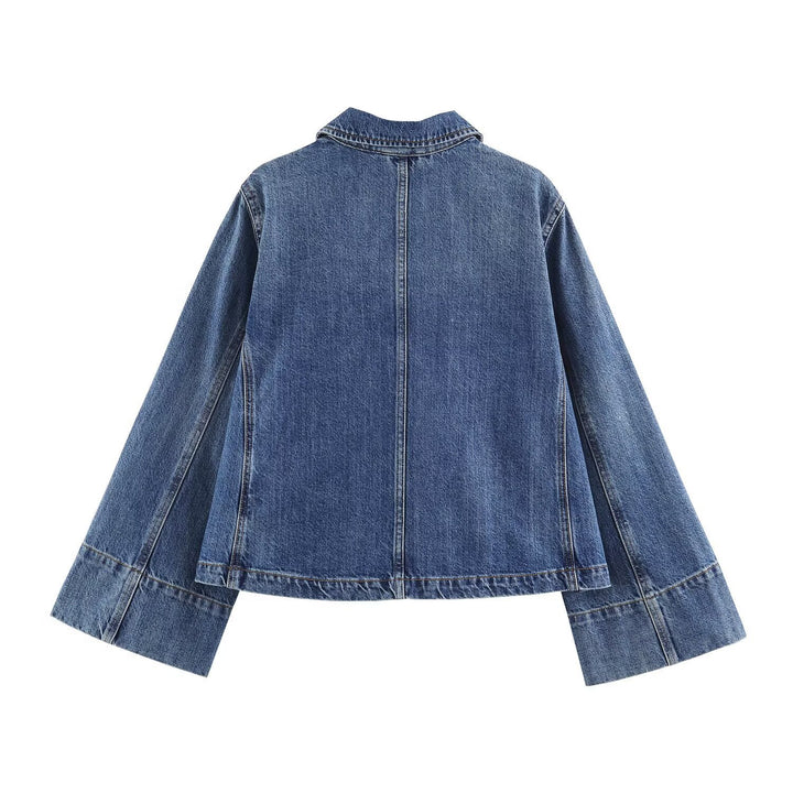Damen Boxy Jeansjacke mit weiten Ärmeln, aufgesetzten Pattentaschen und Druckknopfverschluss Drune