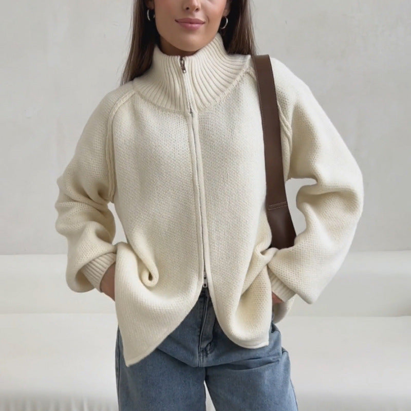 Damen Stehkragen Strickjacke mit Reißverschluss Drune