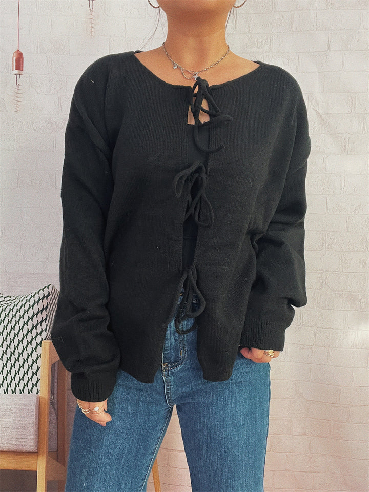 Damen Strickjacke mit dekorativem Schnürdesign und weitem Schnitt Drune