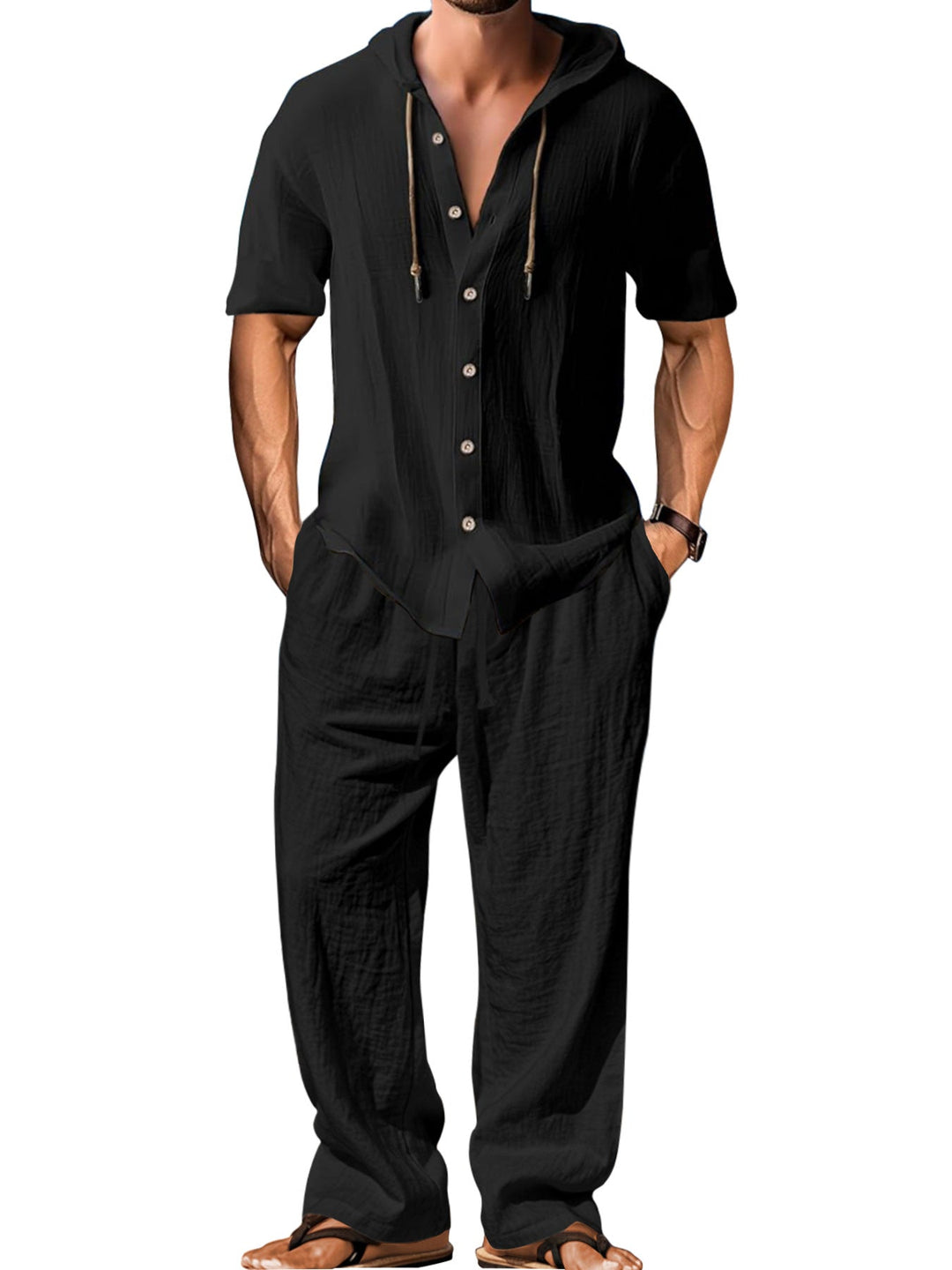 Herren nan luftiges Leinen-Lounge-Set mit kurzärmeligem Kapuzenhemd und gerader Relaxhose Drune