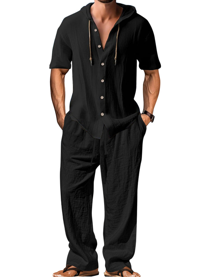 Herren nan luftiges Leinen-Lounge-Set mit kurzärmeligem Kapuzenhemd und gerader Relaxhose Drune