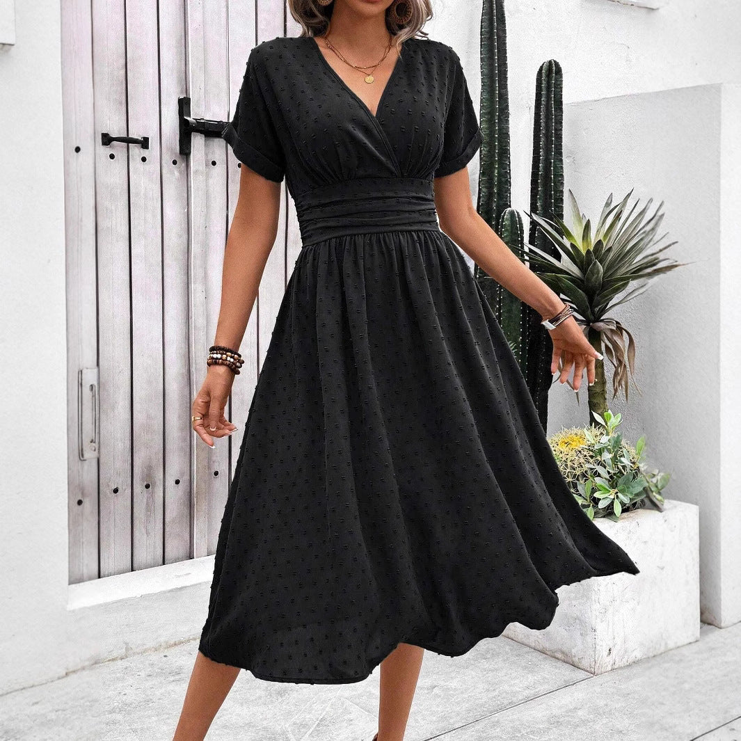 Damen midi Kleid mit gerafftem Oberteil und V-Ausschnitt Drune