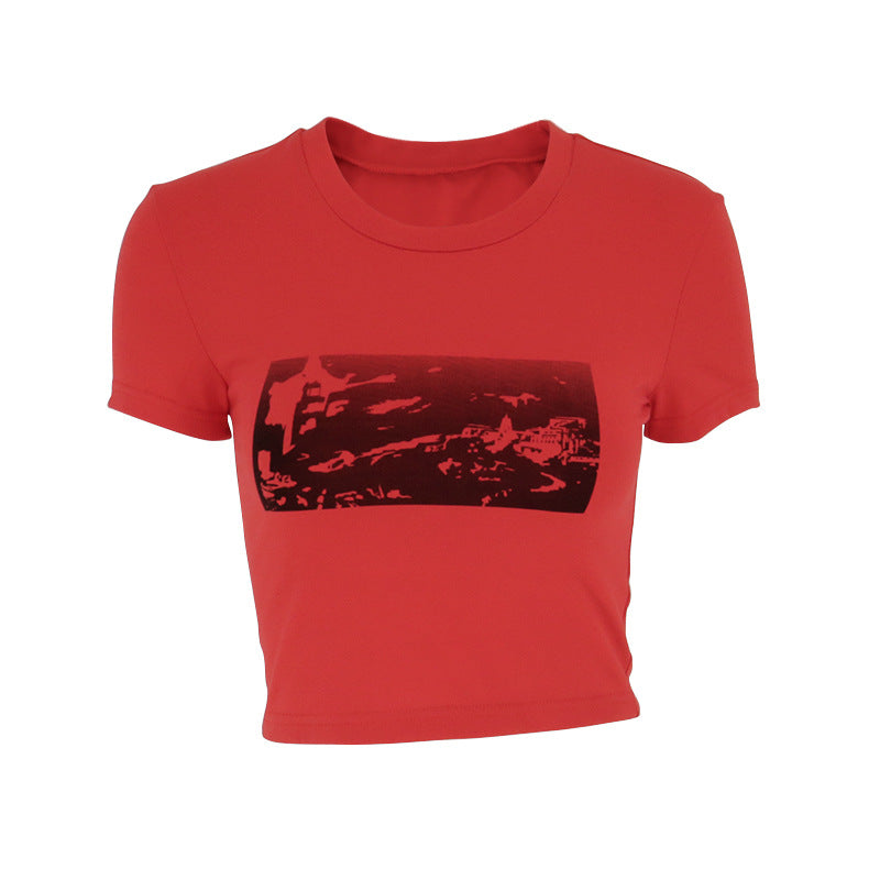 Damen modisches cropped T-Shirt mit grafischem Print Drune