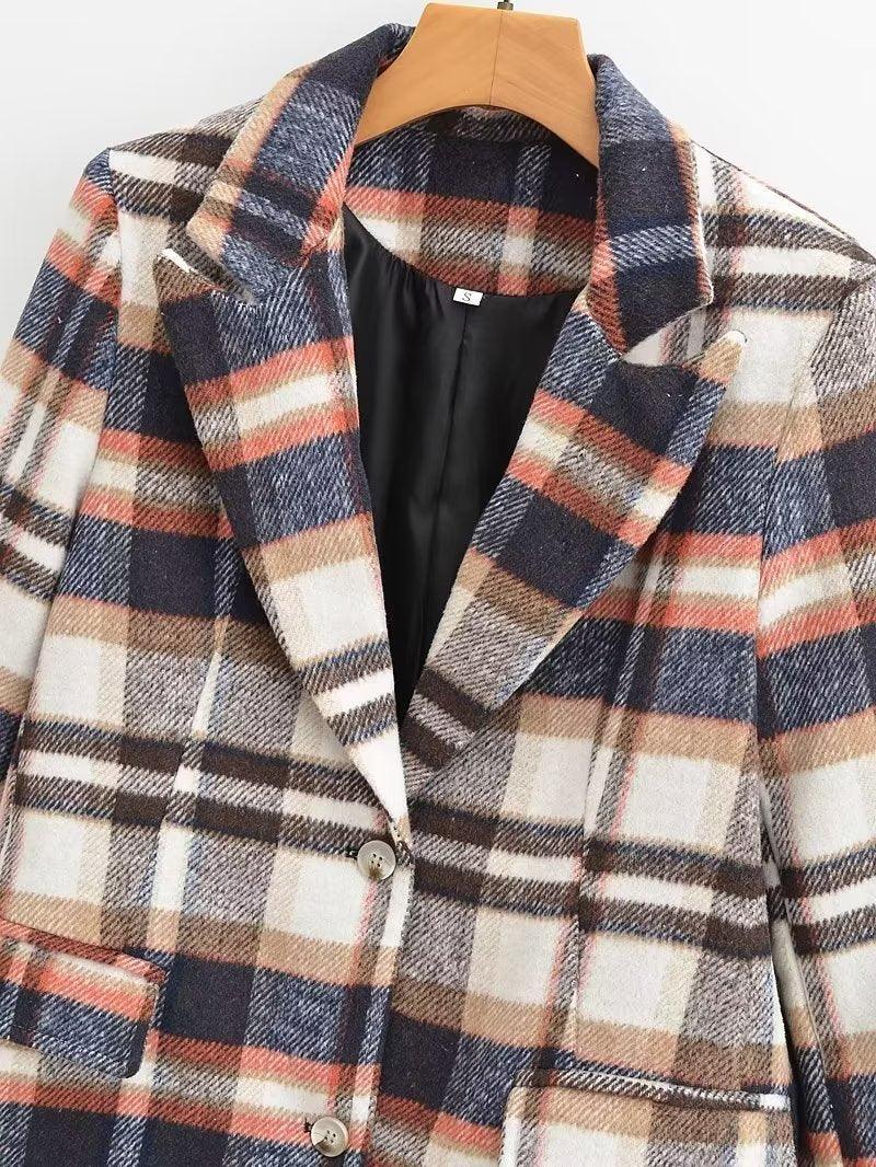 Damen Karierter Wollmix-Einreiher Blazer mit Reverskragen und Pattentaschen Drune