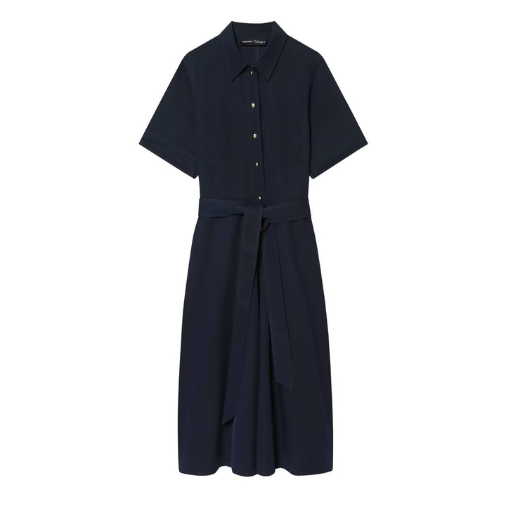 Damen Kurzarm-Hemdblusenkleid mit durchgehender Knopfleiste, Taillengürtel und Brusttaschen Drune