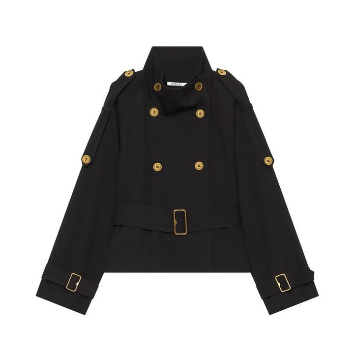 Damen Kurze Trenchjacke mit doppelreihiger Knopfleiste und Taillengürtel Drune
