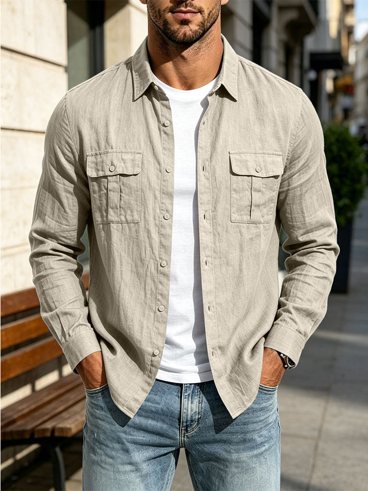 Herren Leichte Hemdjacke aus Baumwoll-Leinen mit Brusttaschen und lockerer Passform Drune