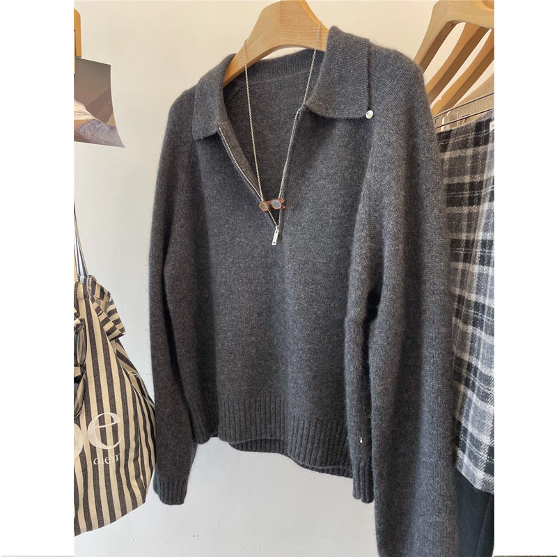 Damen Kuscheliger Pullover mit Stehkragen und kurzem Reißverschluss Drune