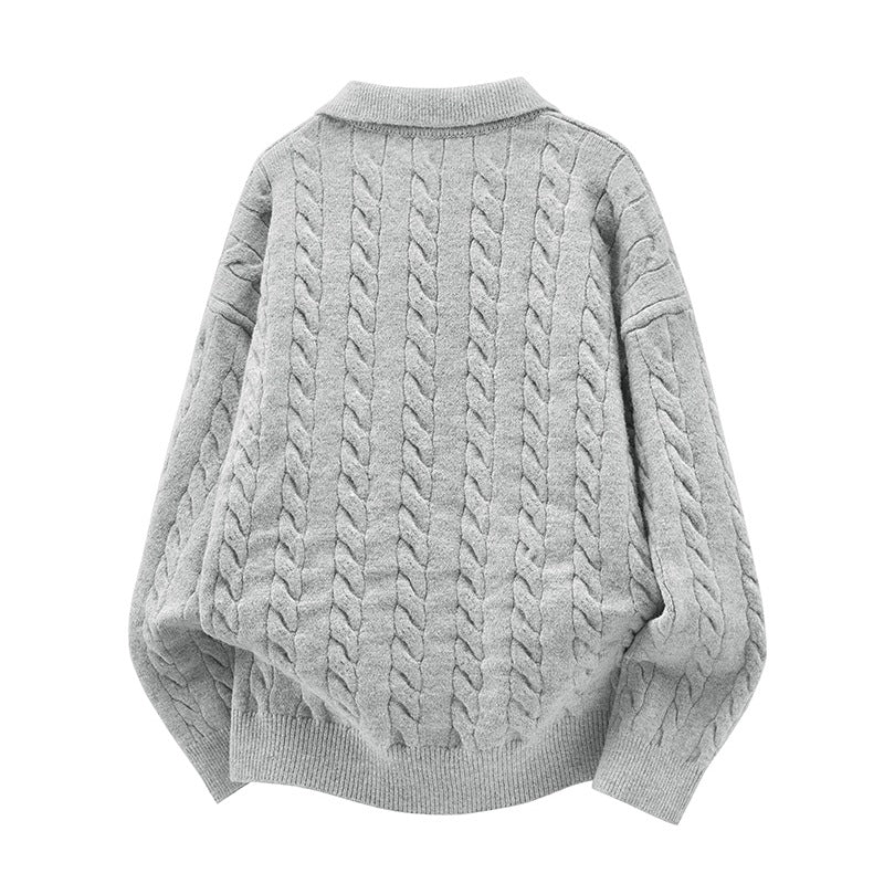 Damen Oversize Kabelstrick-Polo-Pullover mit V‑Ausschnitt und geripptem Saum Drune