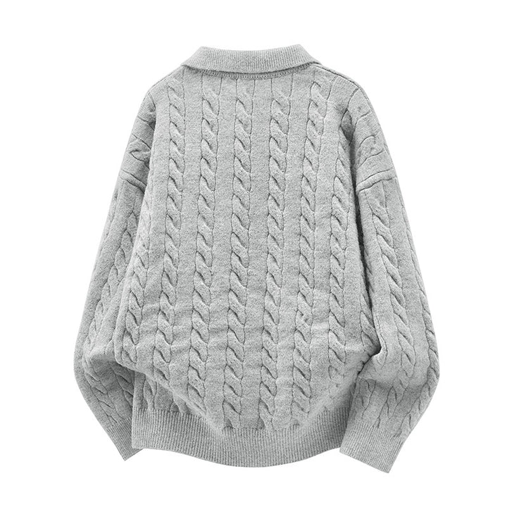 Damen Oversize Kabelstrick-Polo-Pullover mit V‑Ausschnitt und geripptem Saum Drune