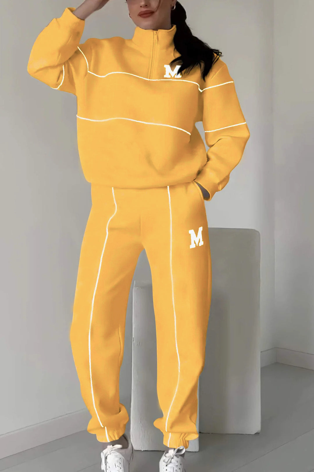 Damen sportliches Loungewear-Set mit Halbreissverschluss und elastischem Bund Drune