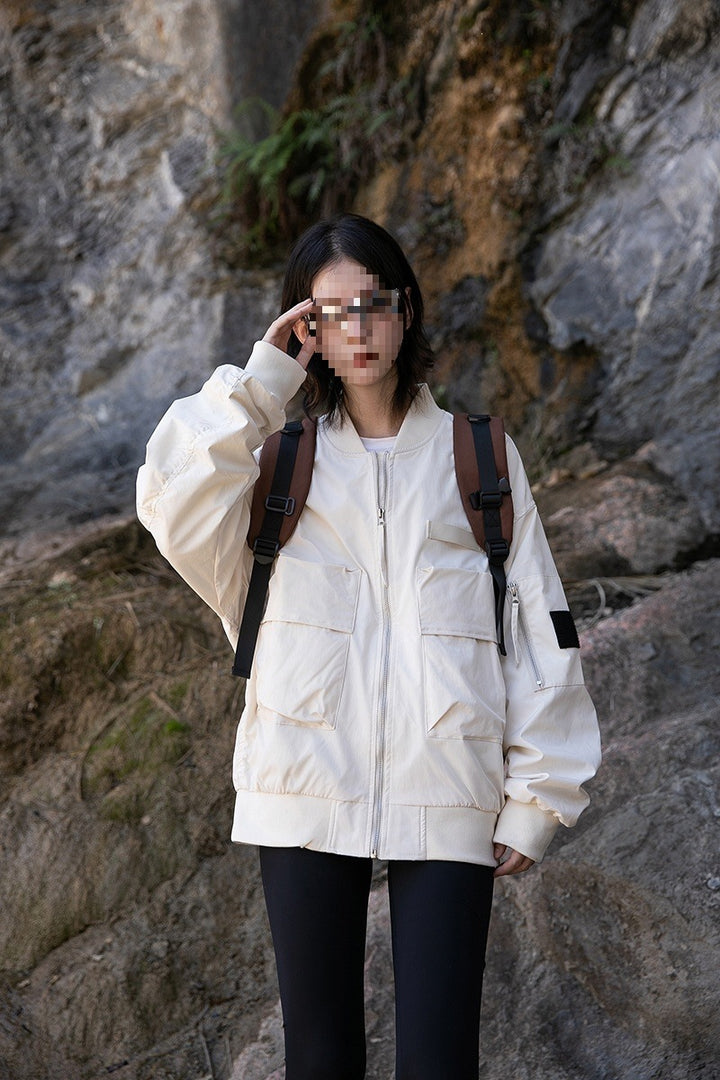 Damen Oversize Multifunktionale Field-Bomberjacke mit Cargo-Taschen & gerippten Bündchen Drune