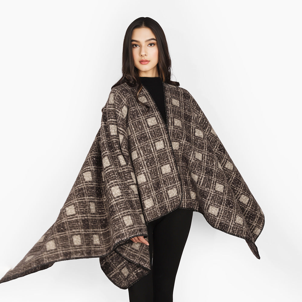 Damen Wollmix-Cape mit weichem Fall, Karomuster und asymmetrischem Zipfelsaum Drune