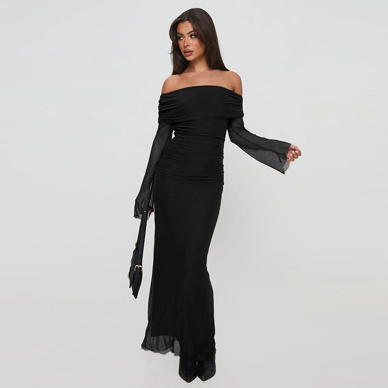 Damen Elegantes Off-Shoulder Maxikleid mit raffiniertem Rüschendesign Drune