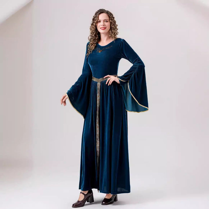 Damen elegantes Samtkleid mit Weitem Ärmel und Ziergürtel Drune