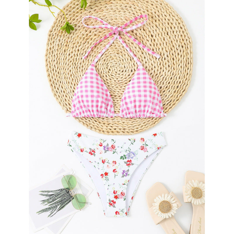 Damen Triangel-Bikini mit floralem Oberteil und Karomuster Drune