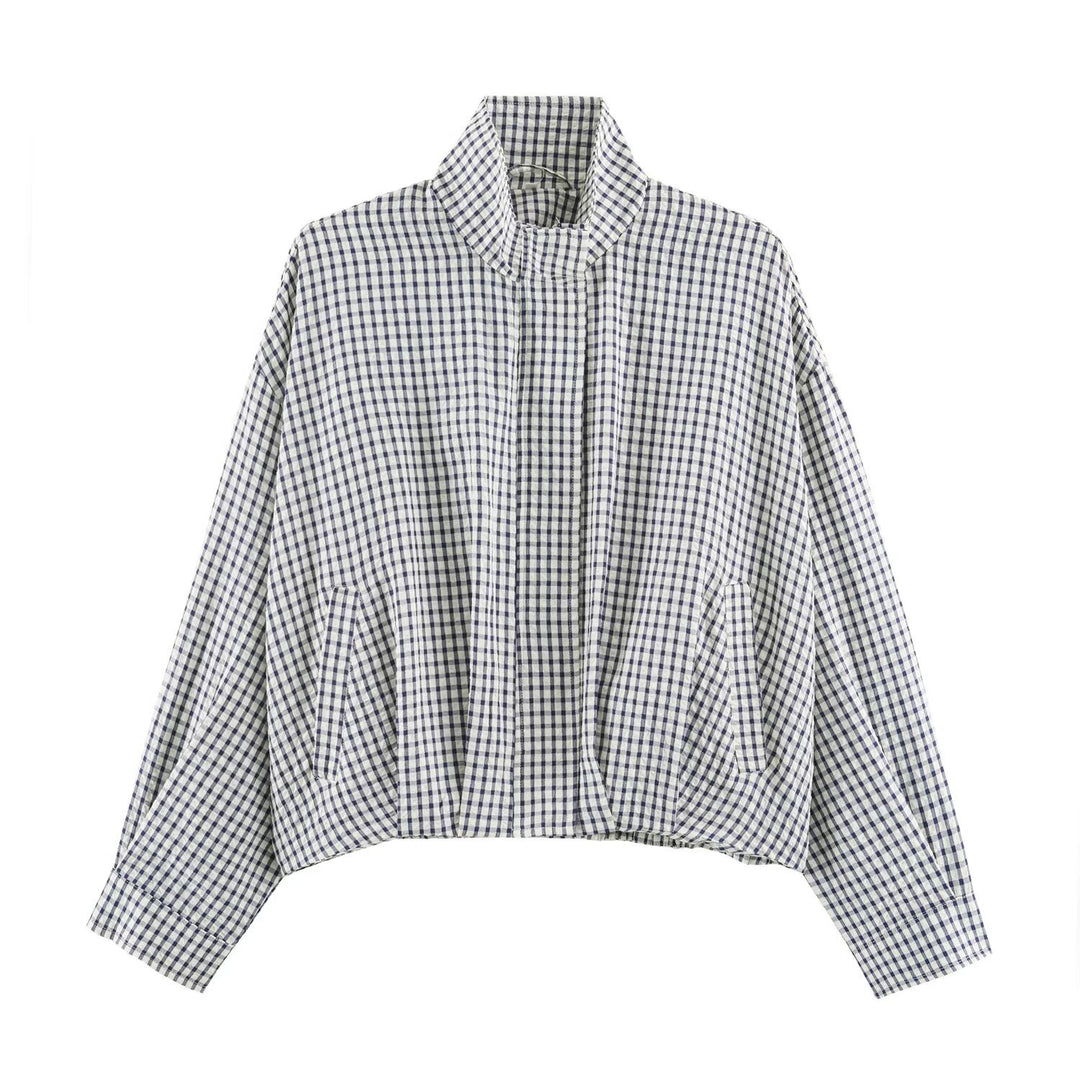 Damen Karo-Übergangsjacke im Oversize-Cropped-Schnitt mit hohem Stehkragen Drune